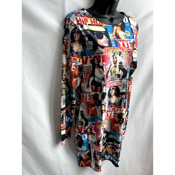 Love, Highlight Y2K Magazine Print Long Sleeve Mini Dress Bodycon Size XL Hip - Picture 3 of 11